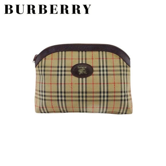 BURBERRY Pouch Nova Check Beige Check Canvas x Leather Auth Used - Picture 1 of 9